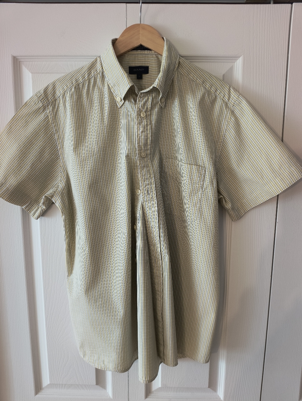Gant Liberty Bell Shirt Mens Large L Yellow Micro Check Poplin S/S Regular Fit